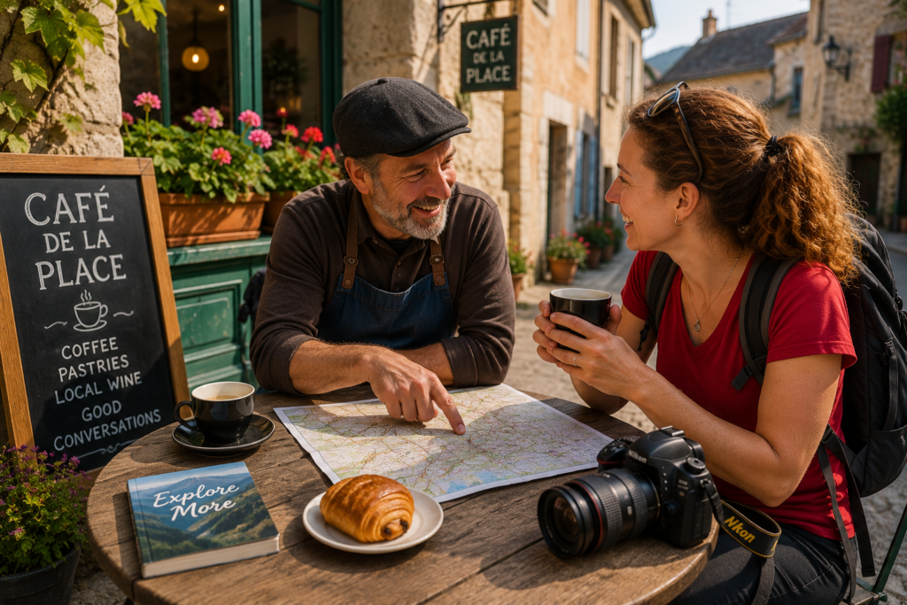 Solo traveler talking with a local café owner while planning off-the-beaten-path adventures and discovering hidden travel destinations over a map and coffee.