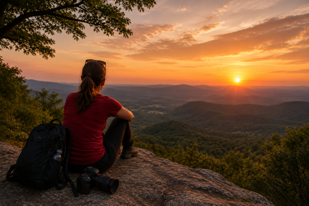 Solo traveler watching a mountain sunset from a scenic overlook after exploring off-the-beaten-path adventures and discovering hidden travel destinations.