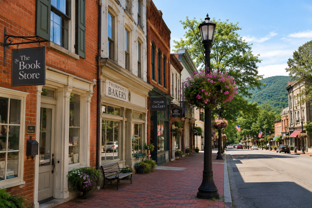 Historic small-town Main Street with locally owned shops, brick storefronts, and mountain views, showcasing an off-the-beaten-path travel destination full of hidden gems.