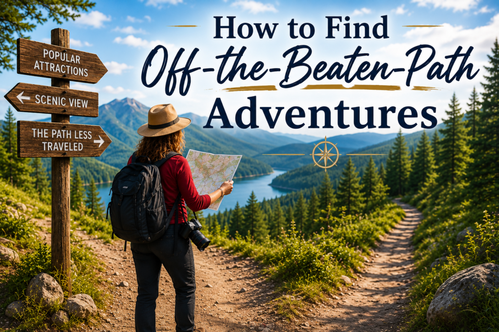 Solo female traveler using a map at a mountain trail intersection while searching for off-the-beaten-path adventures and hidden travel destinations in a scenic wilderness.