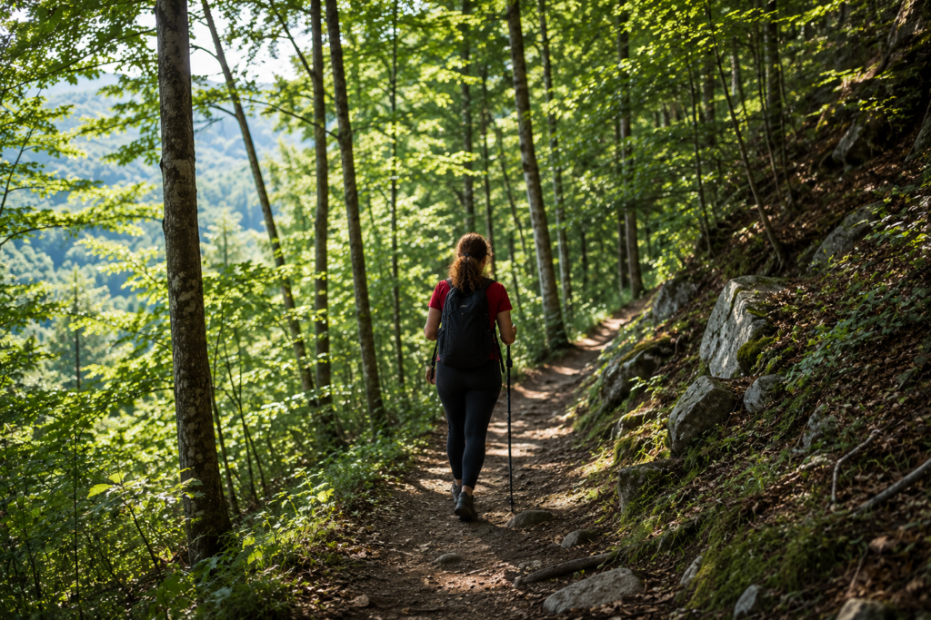 Solo traveler hiking a peaceful forest trail while exploring off-the-beaten-path adventures and discovering hidden travel destinations surrounded by lush woodland scenery.