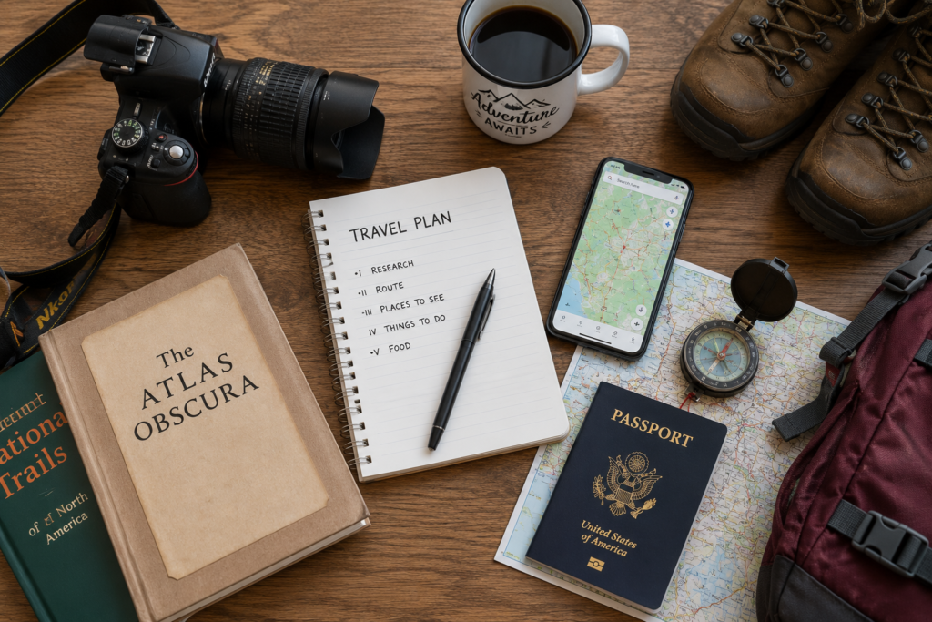 Travel planning essentials including a camera, maps, smartphone, passport, compass, and notebook for discovering off-the-beaten-path adventures and hidden travel destinations.