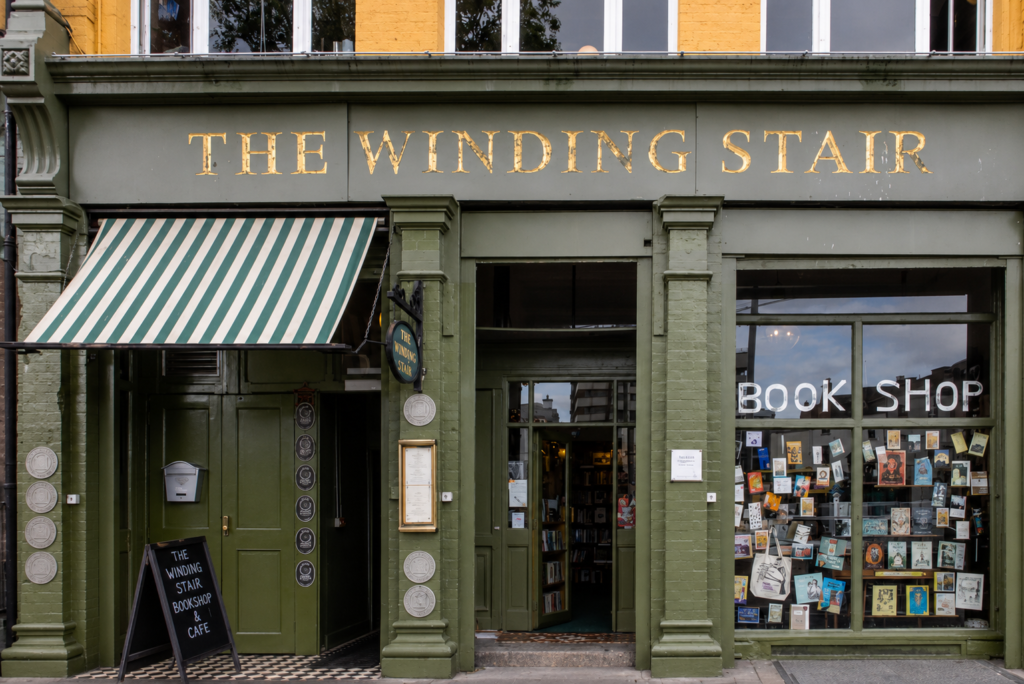 Exterior of The Winding Stair Bookshop beside the River Liffey near the Ha'penny Bridge in Dublin, Ireland.