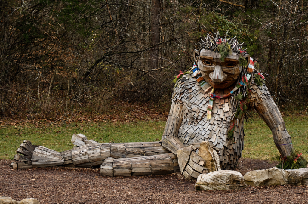 Thomas Dambo’s Mama Loumari Forest Giant sculpture seated among rocks and winter woodland at Bernheim Forest and Arboretum in Kentucky.