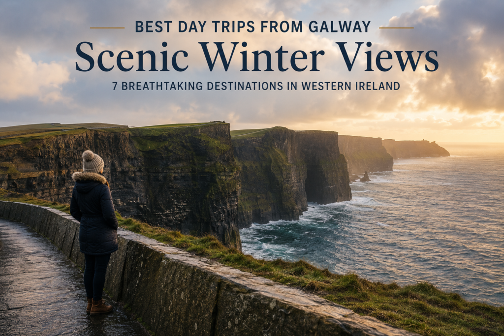Winter view of the Cliffs of Moher on Ireland’s west coast, featuring dramatic Atlantic cliffs and a traveler overlooking the scenery on a day trip from Galway.
