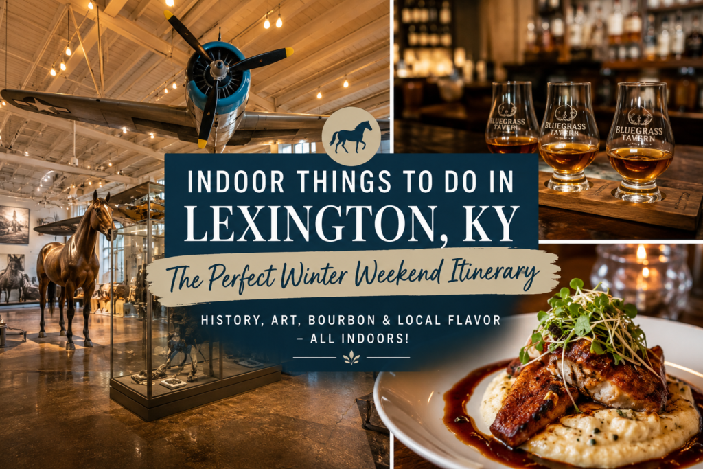 Collage highlighting indoor things to do in Lexington, Kentucky, including an aviation museum, horse museum exhibit, bourbon tasting, and locally inspired dining for a cozy winter weekend itinerary.