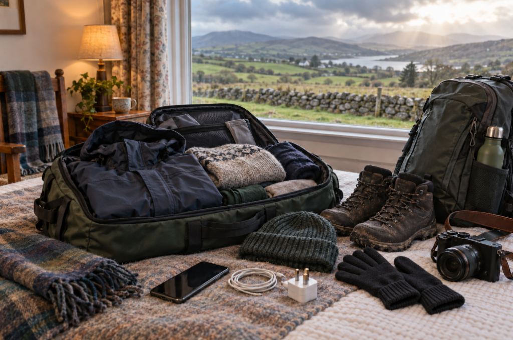 Open travel bag with layered clothing, raincoat, hiking boots, hat, gloves and daypack overlooking the Irish countryside in winter.