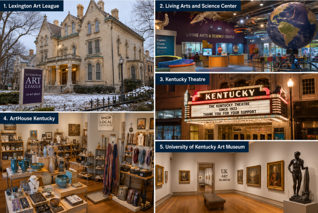 Collage highlighting five arts and culture destinations in Lexington, Kentucky: the historic Lexington Art League, interactive exhibits at the Living Arts and Science Center, the iconic Kentucky Theatre marquee at night, locally made artwork and gifts inside ArtHouse Kentucky, and galleries at the University of Kentucky Art Museum.