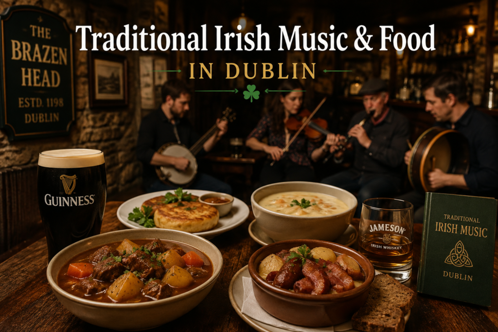 Traditional Irish music session in a historic Dublin pub with Irish stew, boxty, coddle, seafood chowder, Guinness, and Irish whiskey showcasing authentic Irish food and culture in Dublin, Ireland.