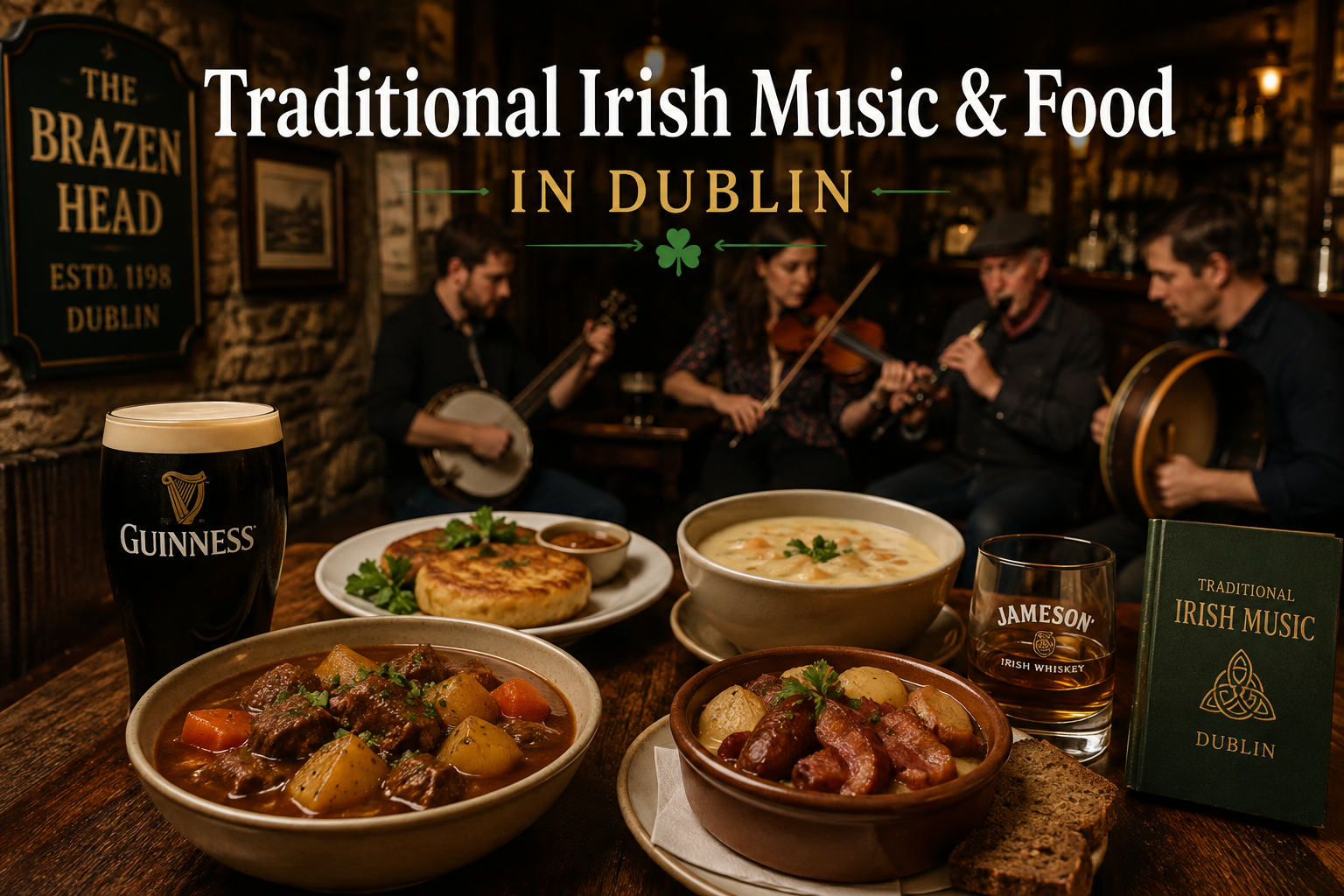 Traditional Irish music session in a historic Dublin pub with Irish stew, boxty, coddle, seafood chowder, Guinness, and Irish whiskey showcasing authentic Irish food and culture in Dublin, Ireland.