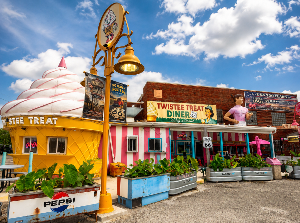 Exterior of Pink Elephant Antique Mall in Livingston Illinois on Route 66