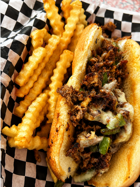 philly cheesesteak lunch at Twistee Treat Diner inside Pink Elephant Antique Mall in Livingston Illinois on Route 66