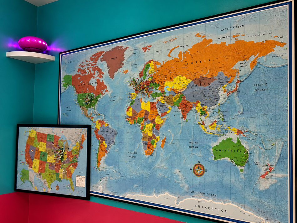 visitor map with pins at Pink Elephant Antique Mall in Livingston Illinois on Route 66