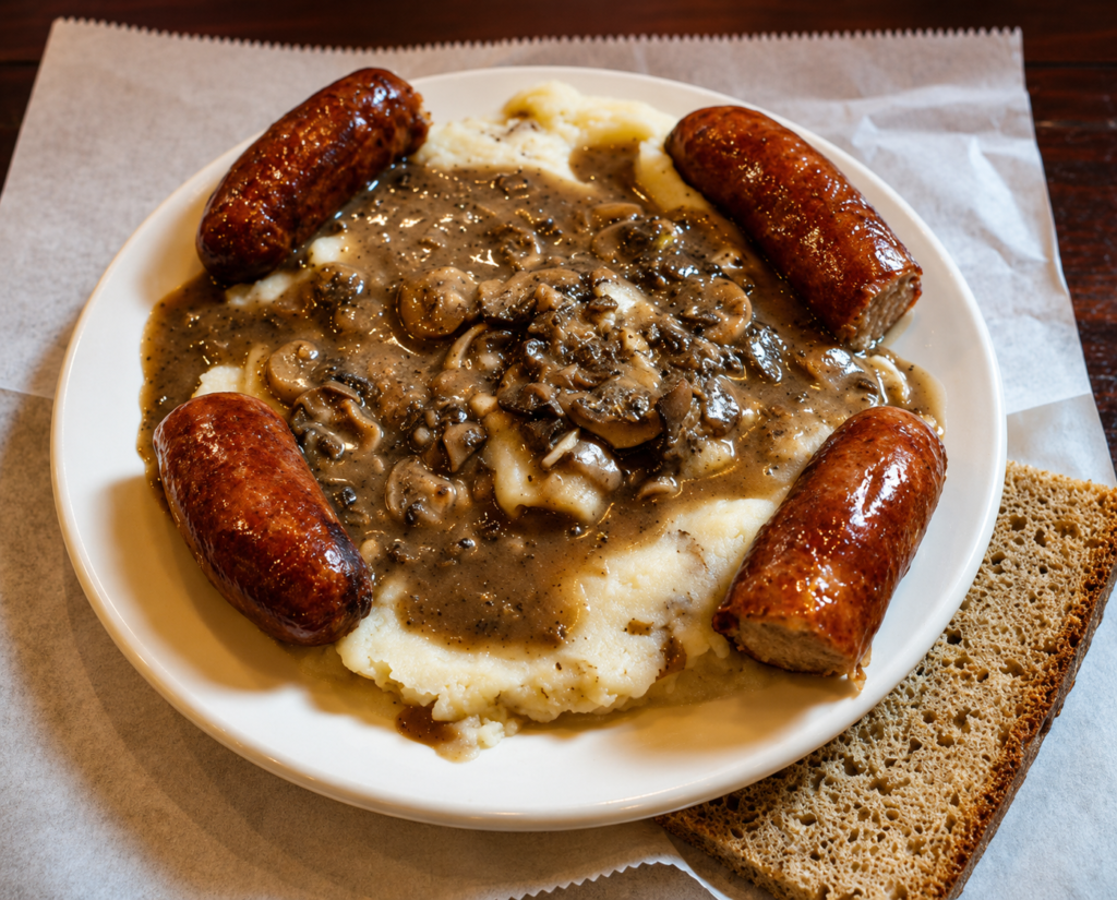 Traditional bangers and mash at Dugan's Pub in Wichita, Kansas, featuring grilled sausages, creamy mashed potatoes with mushroom gravy, and rye bread.