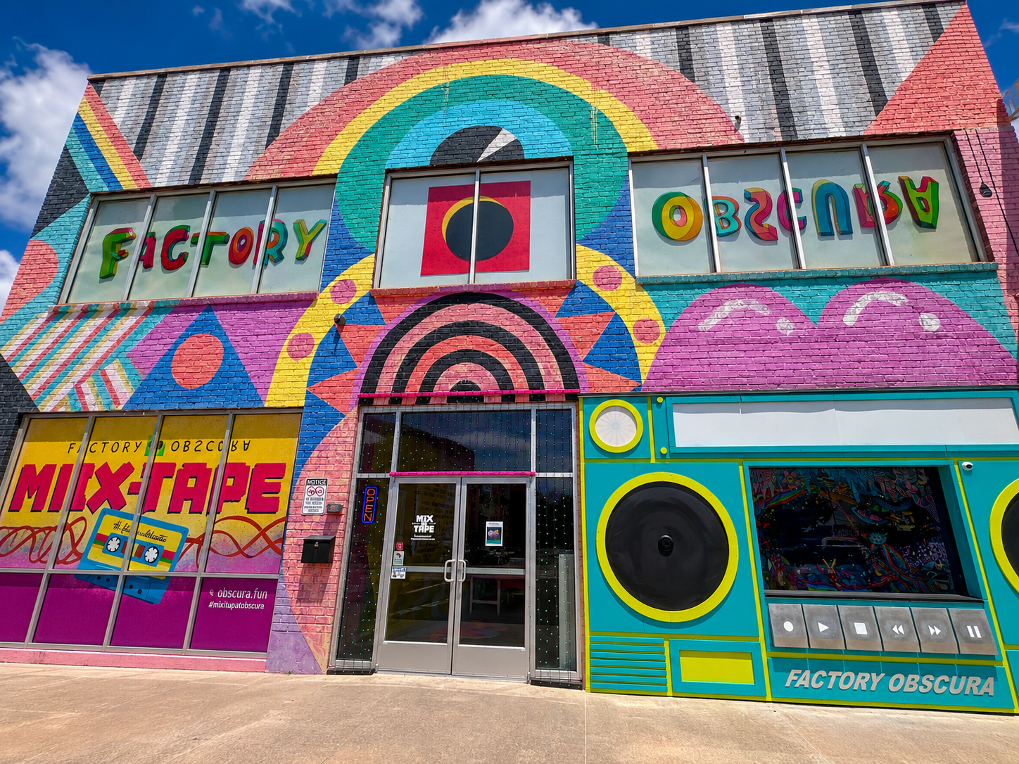 Colorful exterior mural and entrance at Factory Obscura in Oklahoma City
