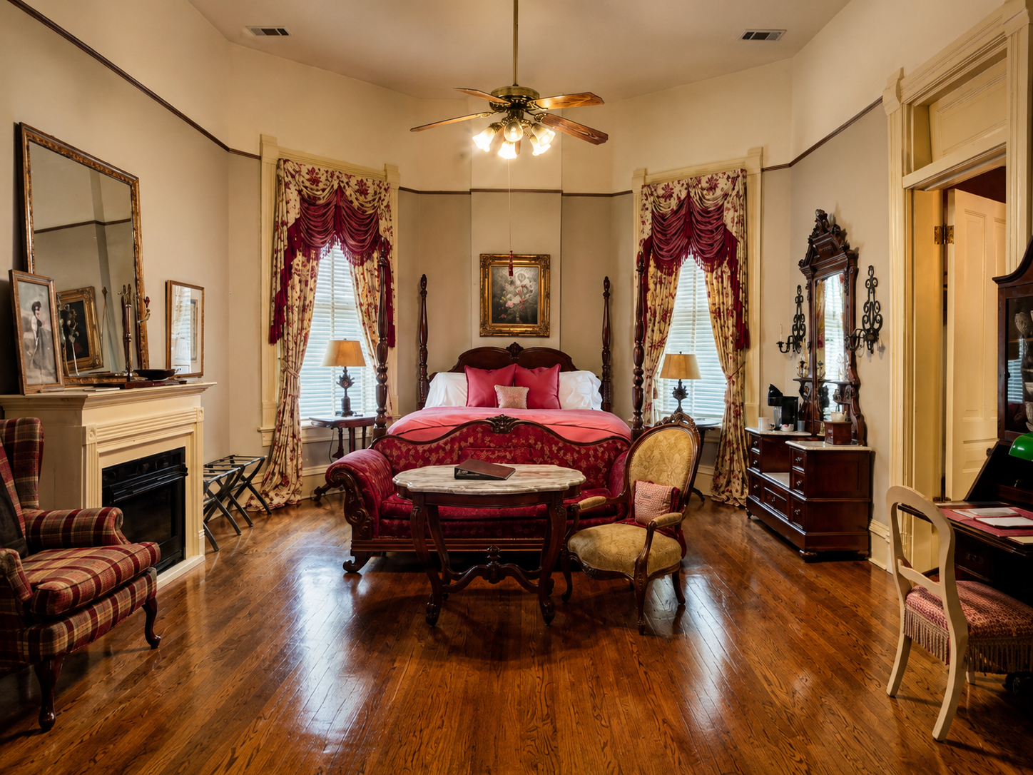 Historic Victorian bedroom inside the Hornibrook Mansion at The Empress of Little Rock in Arkansas.