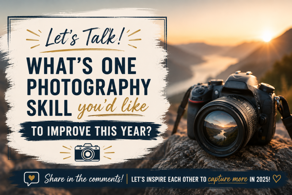 Call-to-action banner featuring a DSLR camera overlooking a scenic mountain landscape at sunset with the question, "What's one photography skill you'd like to improve this year?" The banner invites readers to share their goals in the comments and encourages photographers to continue learning, exploring, and capturing meaningful moments.