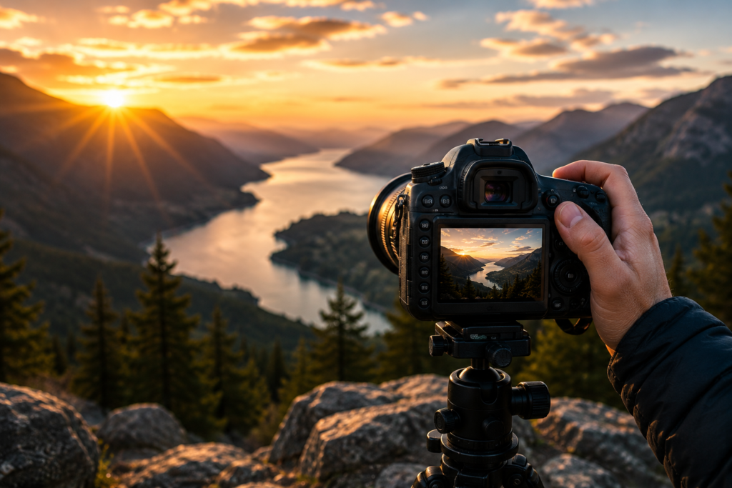 A photographer adjusts a DSLR camera mounted on a tripod while capturing a breathtaking golden-hour sunrise over a winding river surrounded by mountains. The scene symbolizes the beginning of every photographer's journey and the importance of taking the first step toward improving photography skills through practice and exploration.