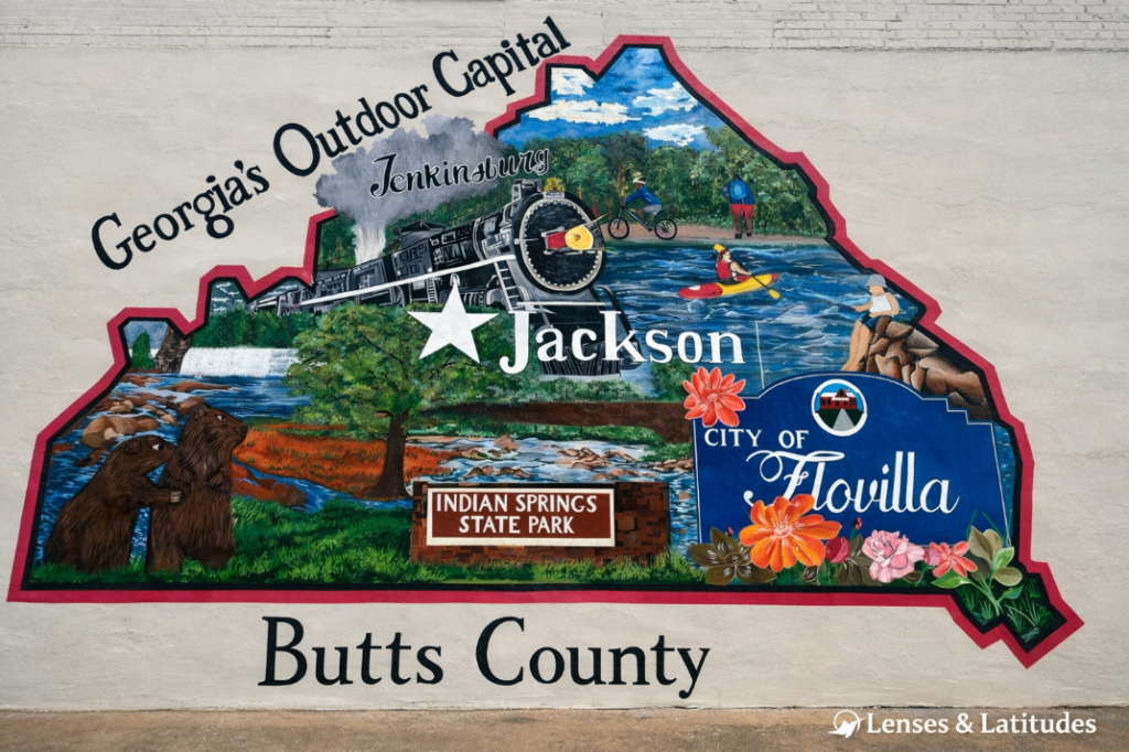 Georgia’s Outdoor Capital mural in Butts County near Jackson, Georgia, featuring local communities, outdoor recreation, and area landmarks