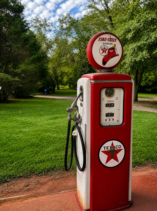 Close-up of a Texaco Fire-Chief gas pump display with a vintage Coca-Cola sign and weathered Watkinsville service station behind it.
