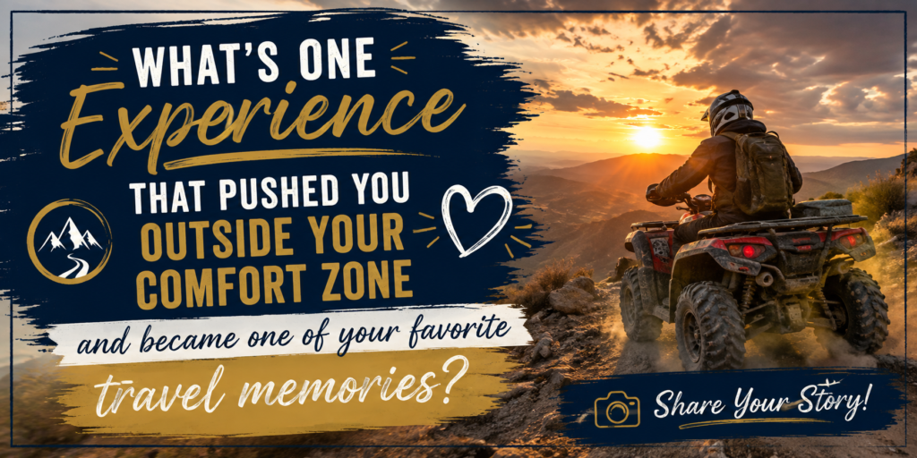 Call to action banner with the question, "what's one experience that pushed you outside your comfort zone?"