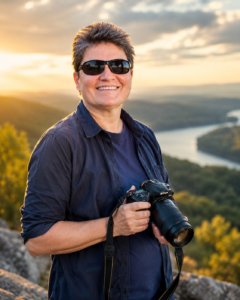 Tourism marketing partner Angela Addington holding a camera at a scenic mountain overlook during golden hour.