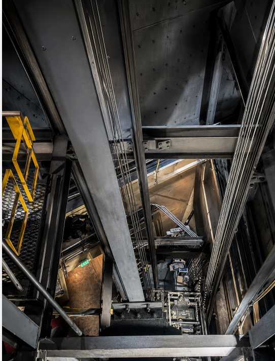 Steel beams, tram cables, stairs and mechanical equipment inside the Gateway Arch in St. Louis