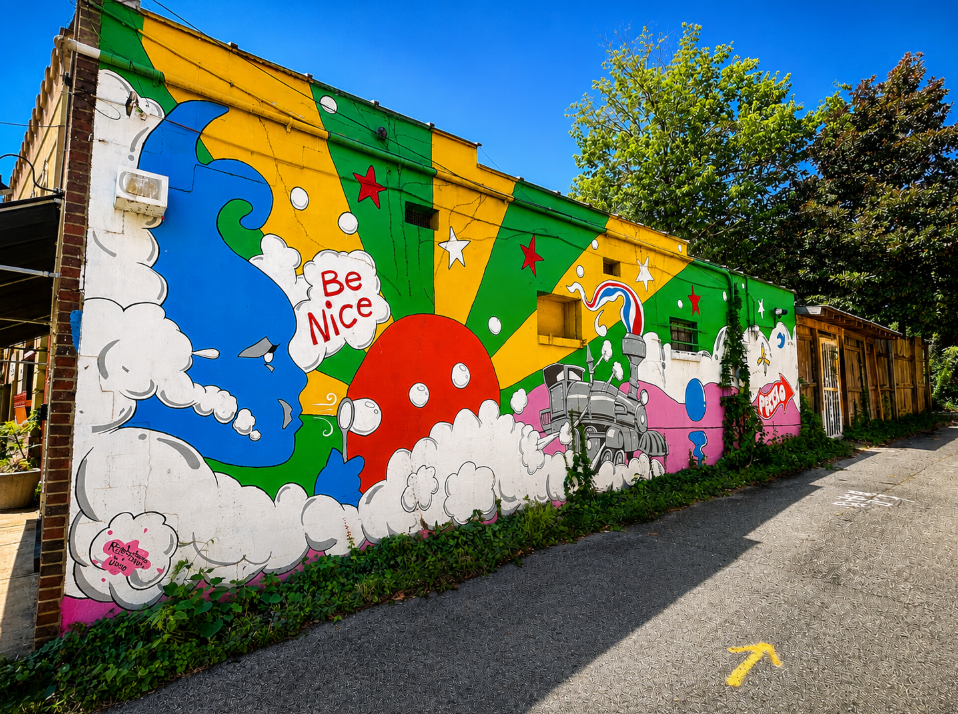 Colorful Be Nice train mural in the St. Elmo neighborhood of Chattanooga, Tennessee