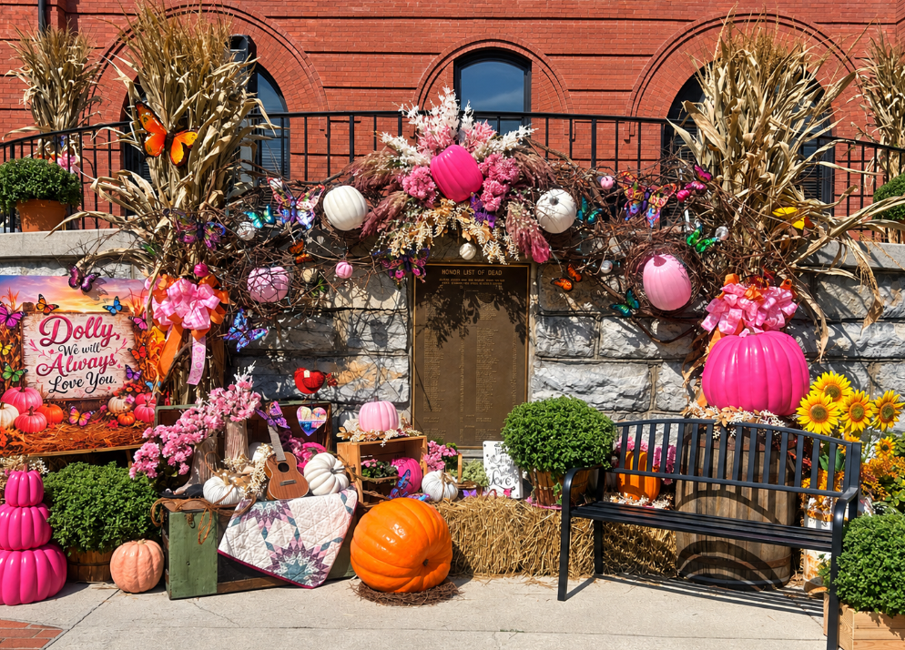 Colorful fall display with pumpkins, butterflies, flowers and a Dolly We Will Always Love You sign in downtown Sevierville