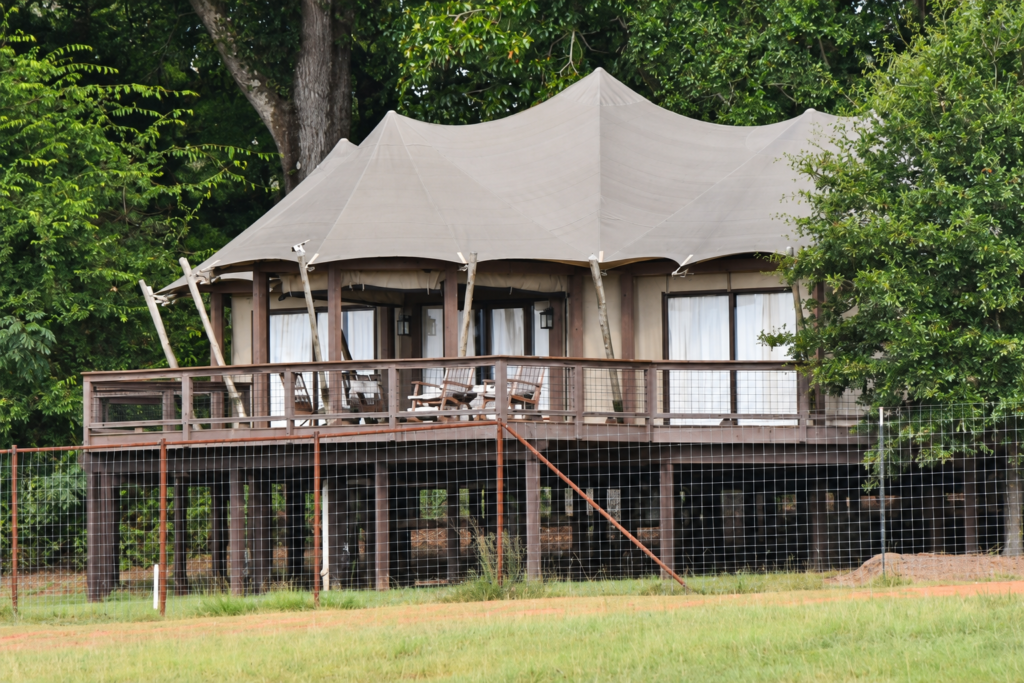 Tented overnight suite overlooking the wildlife habitat at Georgia Safari Conservation Park in Madison, Georgia.