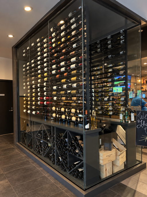 Glass-enclosed wine display inside Italian Chophouse on Lake Oconee