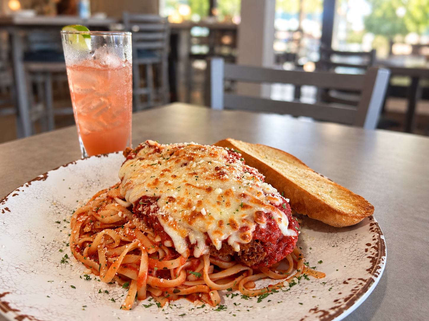 Chicken Parmesan with garlic bread and a strawberry basil margarita at Lake Oconee Bistro