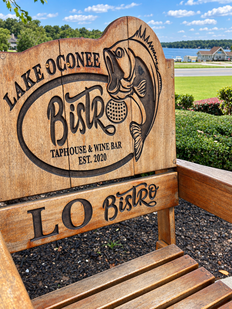 Wooden Lake Oconee Bistro sign with Lake Oconee visible in the background
