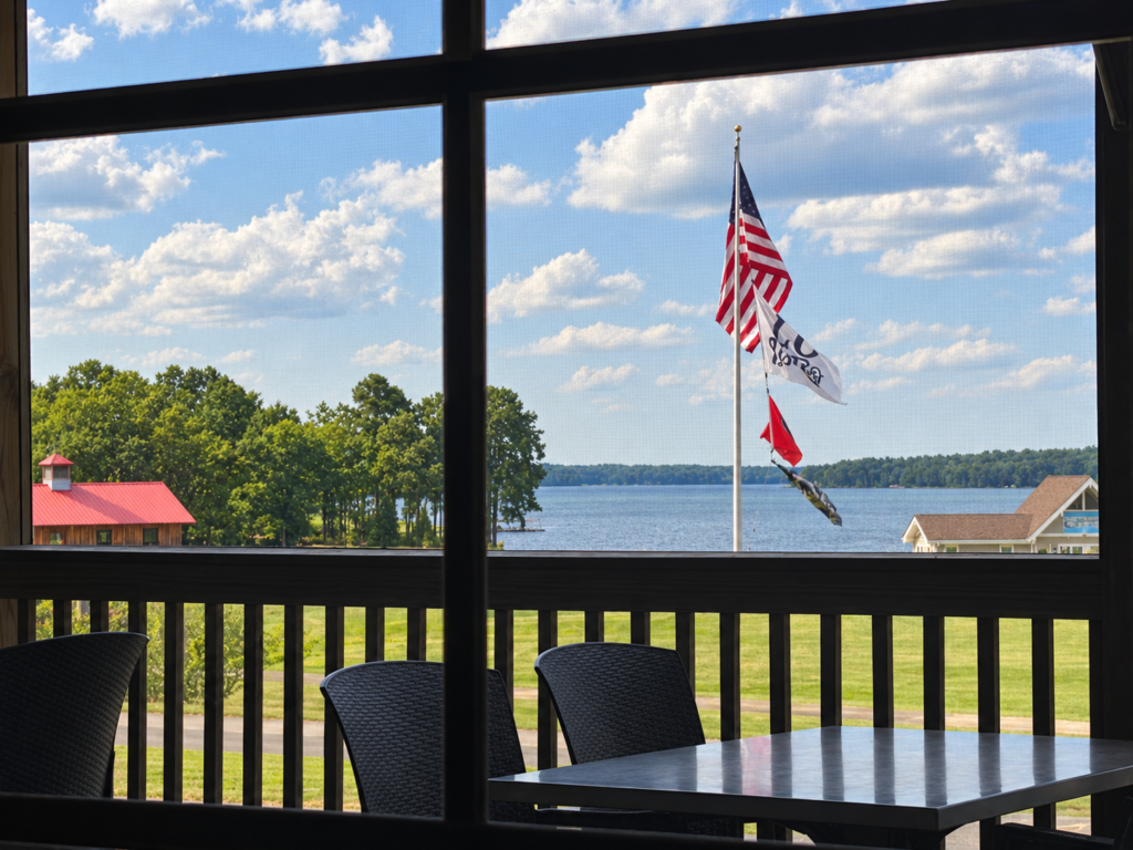 View of Lake Oconee through the screened patio at Lake Oconee Bistro
