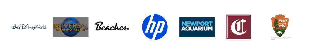 Selected organizations and brands Angela Addington has worked with, including Walt Disney World, Universal Orlando Resort, Beaches Resorts, HP, Newport Aquarium, The Cheshire St. Louis, and the National Park Service.