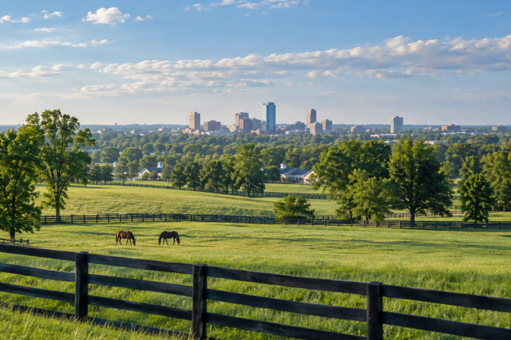 Green horse pastures and black plank fences with grazing horses and the Lexington, Kentucky skyline in the distance.