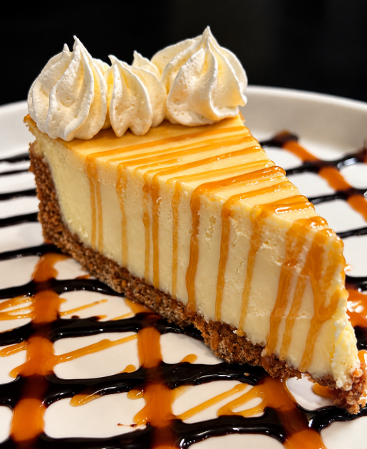 Close-up of New York-style cheesecake with whipped cream, caramel and chocolate drizzle at Italian Chophouse
