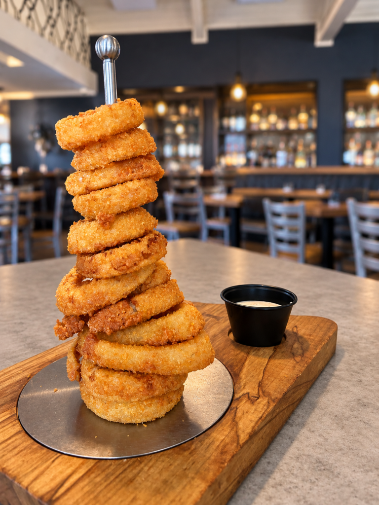 Thick-cut onion rings stacked into the Onion Ring Tower with dipping sauce at Lake Oconee Bistro