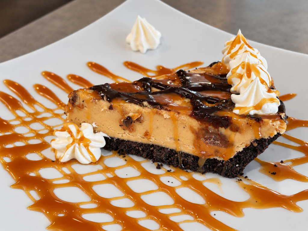 Slice of creamy peanut butter pie with chocolate and caramel drizzle and whipped cream