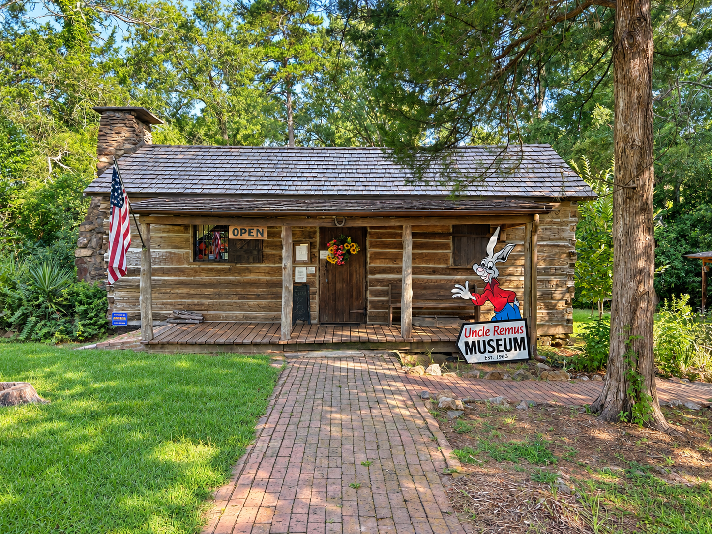 Exterior of the historic Uncle Remus Museum cabin in Eatonton, Georgia
