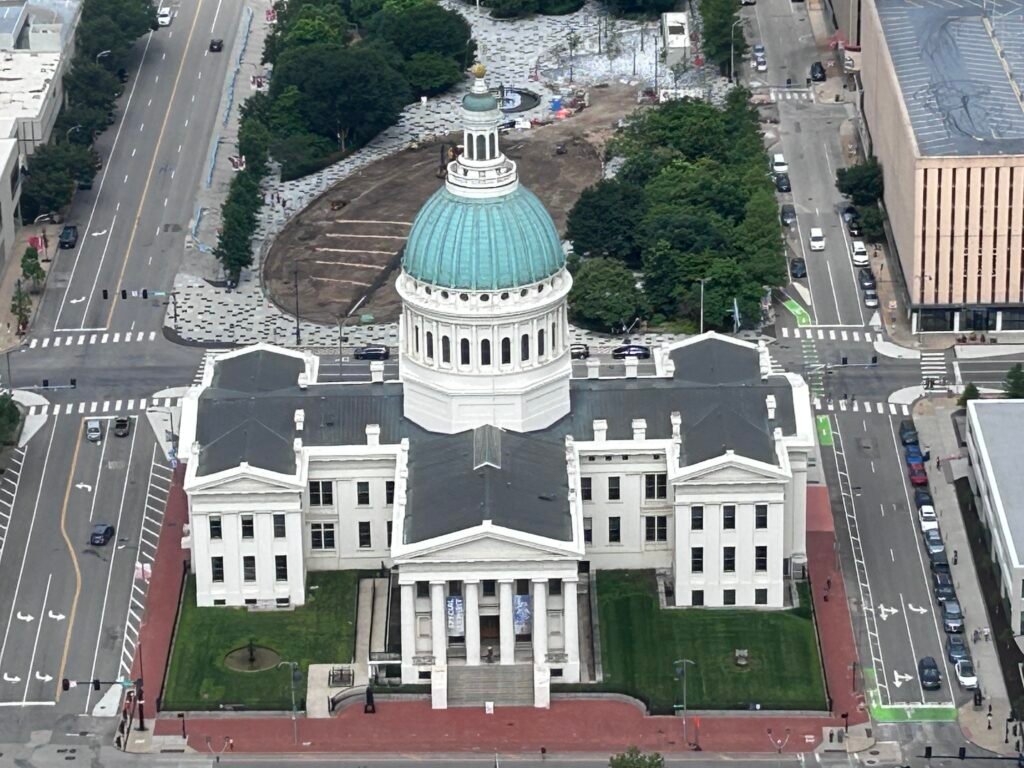 Old Courthouse and its green dome viewed from the top of the Gateway Arch in downtown St. Louis