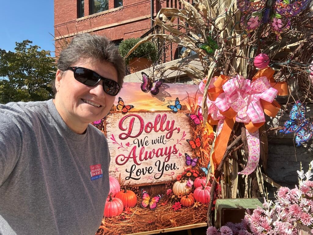 Angela visiting a colorful Dolly Parton tribute in downtown Sevierville, Tennessee