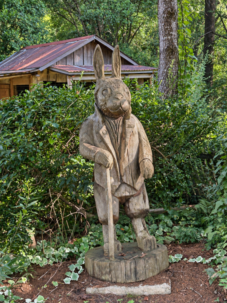 Wooden rabbit character statue in Turner Park outside the Uncle Remus Museum