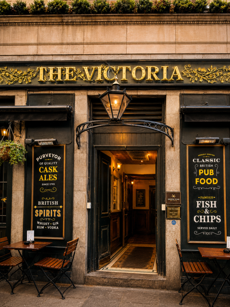 Exterior entrance of The Victoria pub in London, with traditional signage, a hanging lantern, and outdoor seating.