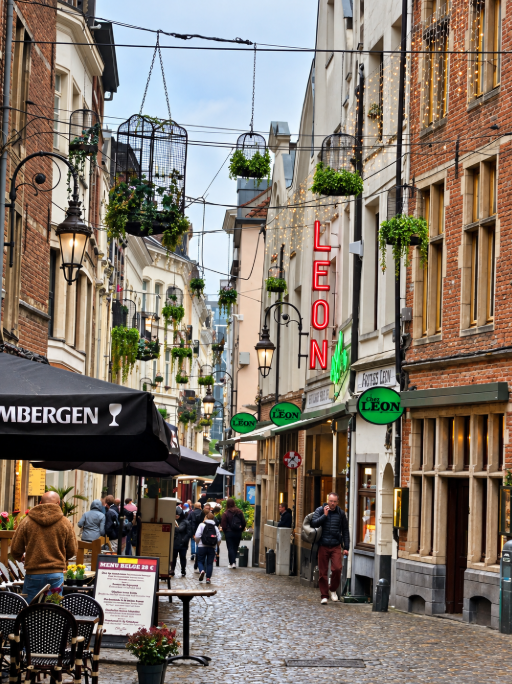 Historic cobblestone street in Brussels lined with restaurants, hanging greenery and pedestrians