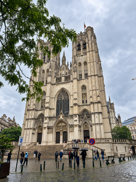 Gothic facade and twin towers of the Cathedral of St Michael and St Gudula in Brussels