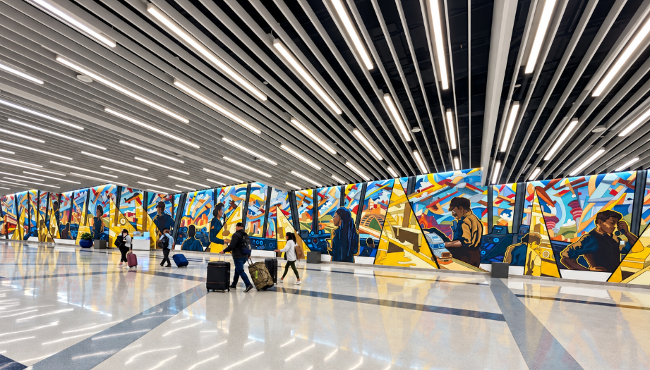 Travelers walk past a colorful mural beneath geometric ceiling lighting at Cincinnati/Northern Kentucky International Airport
