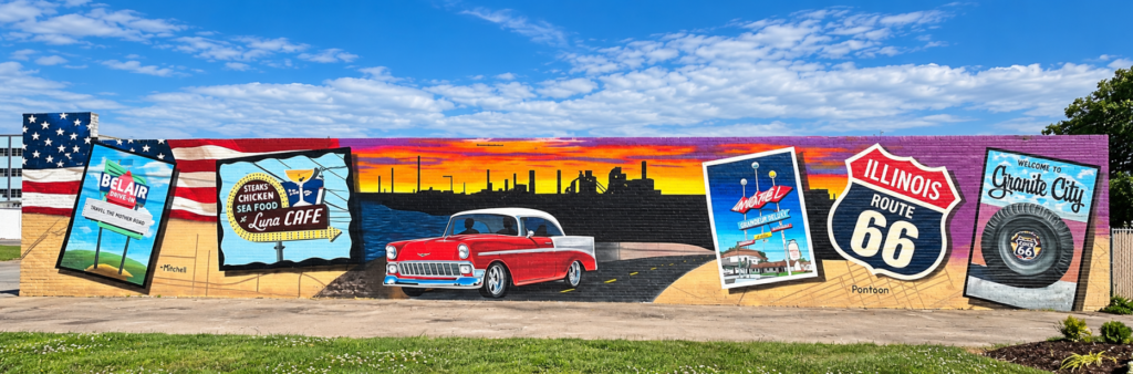 Colorful Route 66 mural in Granite City, Illinois, featuring a vintage car and historic roadside imagery.