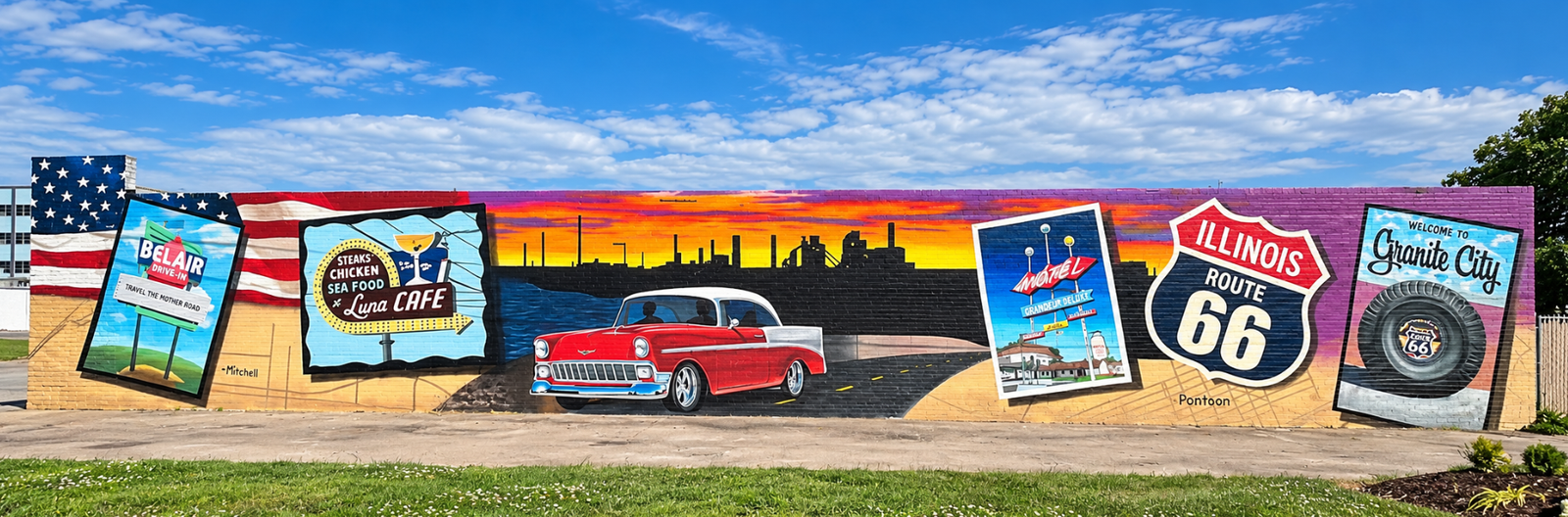 Colorful Route 66 mural in Granite City, Illinois, featuring a vintage car and historic roadside imagery